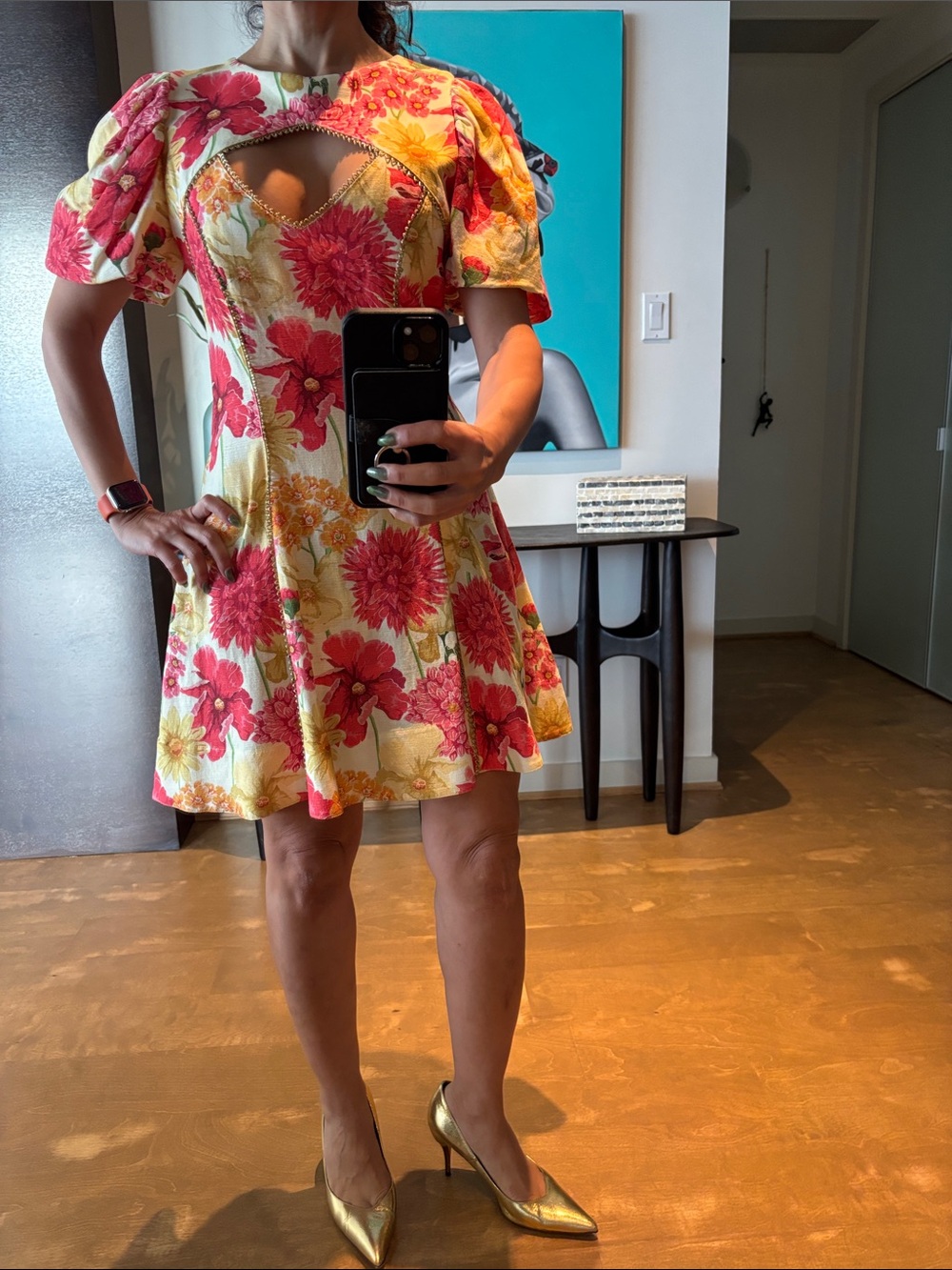 Floral Midi Dress in Red and Yellow